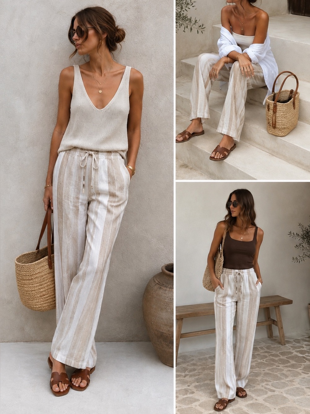 Per Se Linen Blend Stripe Pants Women’s M Beige Pull On Drawstring Straight Leg